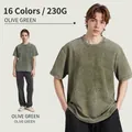Heavyweight 230g olive green washed distressed cotton t-shirt for men streetwear style - 3XL / Tops / Olive Green
