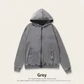 Premium distressed gray water-washed zip-up hoodie in loose fit cotton batik style - L / Tops / Gray