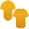 Yellow short-sleeved baseball jersey with blue white striped trim and button-front closure - S / Tops / Yellow