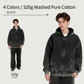 Black 320G washed pure cotton vintage hoodie for men, loose American streetwear - M / Tops / Vintage Black