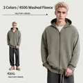 Premium heavyweight 450G military green washed fleece zip-up hoodie sweatshirt for men - M / Tops / Army Green