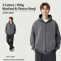 Premium 450g washed cotton fleece zip-up hoodie in light grey for men's autumn streetwear - M / Tops / Gray