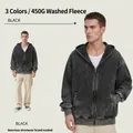 Premium 450G heavyweight washed black zip-up hoodie featuring a vintage distressed finish - M / Tops / Black