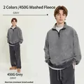 Men's gray 450G heavyweight washed fleece half-zip sweatshirt for American streetwear - M / Tops / Light Gray