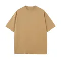 Close-up view of a premium 270g cotton khaki crew neck T-shirt with dropped shoulders - S / Tops / Light Khaki