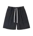 Men's washed distressed heavyweight cotton casual shorts in dark grey with drawstring - S / Bottoms / Black