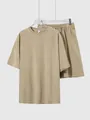 Oversized heren en dames katoenen set T-shirt en korte broek in trendy gewassen kaki - S / Boven- En Onderstuk / Tie-Dye Kakikleur