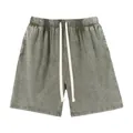 Men's vintage washed cotton casual shorts with long drawstring waist and distressed finish. - S / Bottoms / Washed Army Green