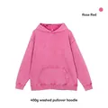 Premium rose red vintage washed 400g heavyweight pullover hoodie with front pocket - S / Tops / Rose Red