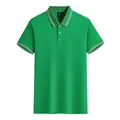 Polo haut de gamme vert en coton mercerisé pour hommes avec col et poignets rayés blancs - S / Hauts / Vert Herbe