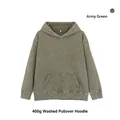 Premium 400g heavyweight army green washed and distressed pullover hoodie for men - S / Tops / Washed Army Green