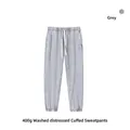Grey 400g vintage washed distressed cuffed sweatpants for men with drawstring - S (US size - runs large) / Bottoms / Gray