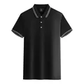 Polo noir haut de gamme en coton mercerisé avec col et manches à rayures blanches - S / Hauts / Noir