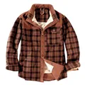 European size men's plaid fleece-lined warm cotton shirt jacket in brown and red tones - S / Tops / Red Coffee