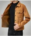 Detailed view of men's tan suede jacket showing soft brushed fabric and button closure - L / Tops / Khaki