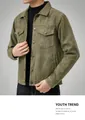 Close-up of men's olive green suede jacket featuring dual chest pockets and metal buttons - M / Tops / Army Green