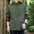 Men's olive green windproof outdoor jacket with detachable hood and large pockets - M / Tops / Army Green
