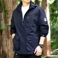 Men's navy blue windproof outdoor jacket with detachable hood and sleeve patch. - M / Tops / Dark Blue
