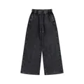 American vintage style acid wash charcoal grey wide-leg sweatpants with drawstring elastic waist - S / Bottoms / Black