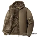 Men's heavy-duty windproof hooded fleece jacket with thick thermal plush lining in olive - M / Tops / Brown