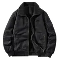 Black men's washed cotton bomber jacket with sherpa collar and warm fleece lining - M / Tops / Black