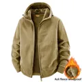 Chaqueta de forro polar con capucha para hombre en color caqui con forro de felpa cálido - M / Tops / Caqui