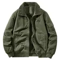 Premium men's army green washed cotton flight jacket featuring a warm sherpa fleece lining - M / Tops / Army Green