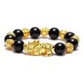 Black obsidian Feng Shui bracelet with golden Pixiu charm and mantra beads for men - Style 3 / 12mm
