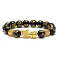 Close-up view of a gold-toned Pixiu charm and black obsidian beads with mantra engraving - Style 4 / 12mm