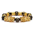 Detailed view of obsidian beads with gold Pixiu charms and Six-character Mantra symbols - Style 6 / 12mm