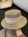 Detail showing the fine woven texture and fabric band of the French straw hat. - M (56-58cm) / Beige