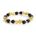 Men's black obsidian bead bracelet with intricate golden Feng Shui Pi Xiu charms for luck - Style 16 / 8mm