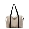 Large capacity canvas tote bag with black straps for commute or travel in beige color - Black