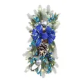 Elegant LED pre-lit Christmas teardrop swag featuring a glittery blue bow and silver balls - 45cm / Blue
