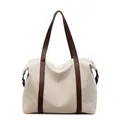Large capacity beige canvas shoulder bag with brown leather handles for women, chic - Brown