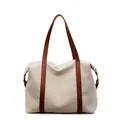 Large capacity beige canvas tote bag with brown leather straps for commuting and travel - Brown