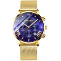 CRNAIRA men's luxury business quartz watch with blue dial and gold mesh strap. - Gold Case Blue Dial Gold Mesh Strap