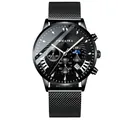 CRNAIRA men's business quartz watch with black mesh strap and chronograph dial - Black Case Black Dial Black Mesh
