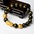 Men's obsidian PiXiu bracelet with golden Six-Word Mantra beads, atmospheric Buddhist style - Style 14 / 12mm