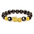 Men's black obsidian bead bracelet with golden Pixiu and Six-Syllable Mantra characters. - Style 15 / 12mm