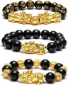 Men's Feng Shui black obsidian bead bracelet with golden Pi Xiu and lucky mantra beads - 3-Piece Set 1