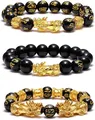 Black obsidian Pi Xiu men's bracelet with gold mantra beads on white background - 3-Piece Set 2