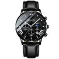 CRNAIRA business men's quartz watch featuring black leather strap and multi-function dial - Black Case Black Dial Black Leather Strap
