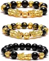 Black obsidian Pixiu bracelet with gold beads and six-syllable mantra for success - 3-Piece Set 3