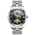 TEVISE luxury men's automatic mechanical watch with silver stainless steel strap and moon phase - Silver Case Black Dial