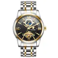 Luxury TEVISE men's automatic mechanical watch with silver and gold stainless steel strap - Two-tone Gold Black Dial