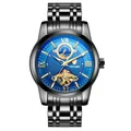 TEVISE men's automatic mechanical watch with blue sun-moon dial and black steel strap - Full Black Blue Dial