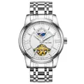 TEVISE silver men's automatic mechanical watch with white dial and open heart window - Silver Case White Dial