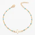 Bracelet croix en acier titane plaqué or avec perles en émail turquoise pour femme. - Bracelet / 17+5 / Or avec Perles Bleu Lac