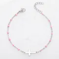 Bracelet croix en acier inoxydable argenté avec perles en émail rose et chaîne. - Acier + Rose Foncé / Bracelet 17+5cm